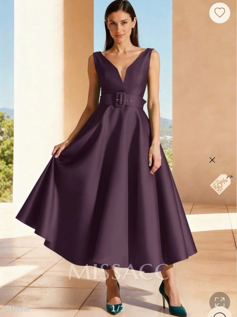 MISSACC Ball-Gown Plunge Neck Sleeveless Ankle-Length Satin Evening Dress SZ 10